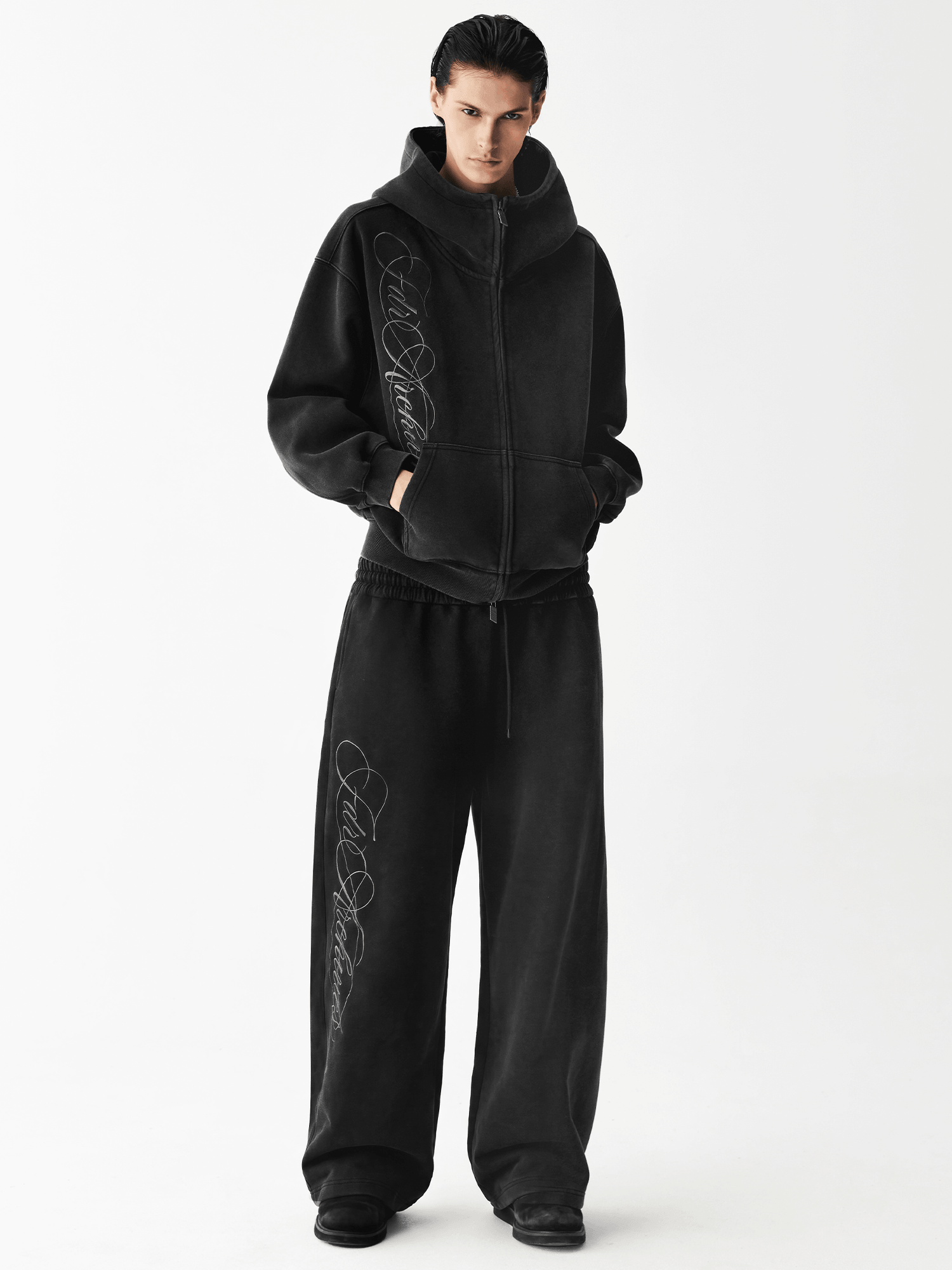 Washed Embroidered Zip Up Hoodie | Cyber Y2K High-Street| FDR