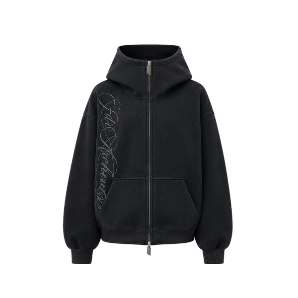 Washed Embroidery Zip Hoodie - Style Perspective Shot 7 - Streetwear Aesthetic | FDR Studios