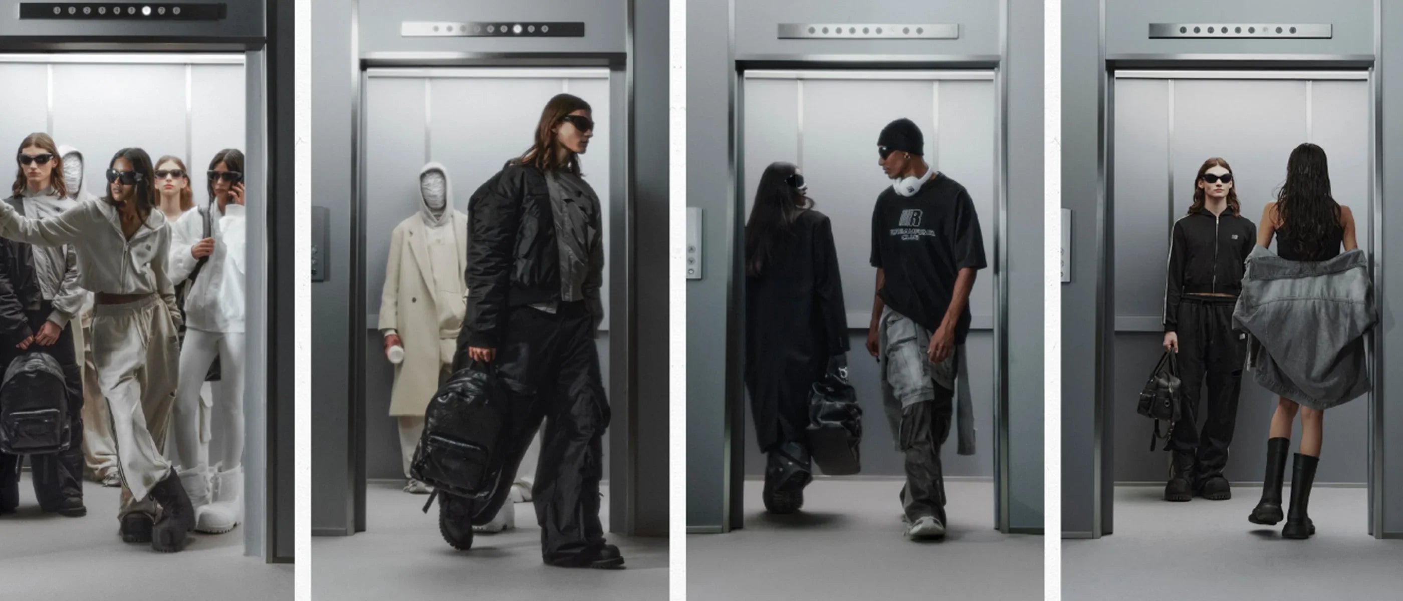 FDR Cyber Y2K fashion, unisex style, group wearing oversized jackets, cargo pants, and sunglasses in an elevator