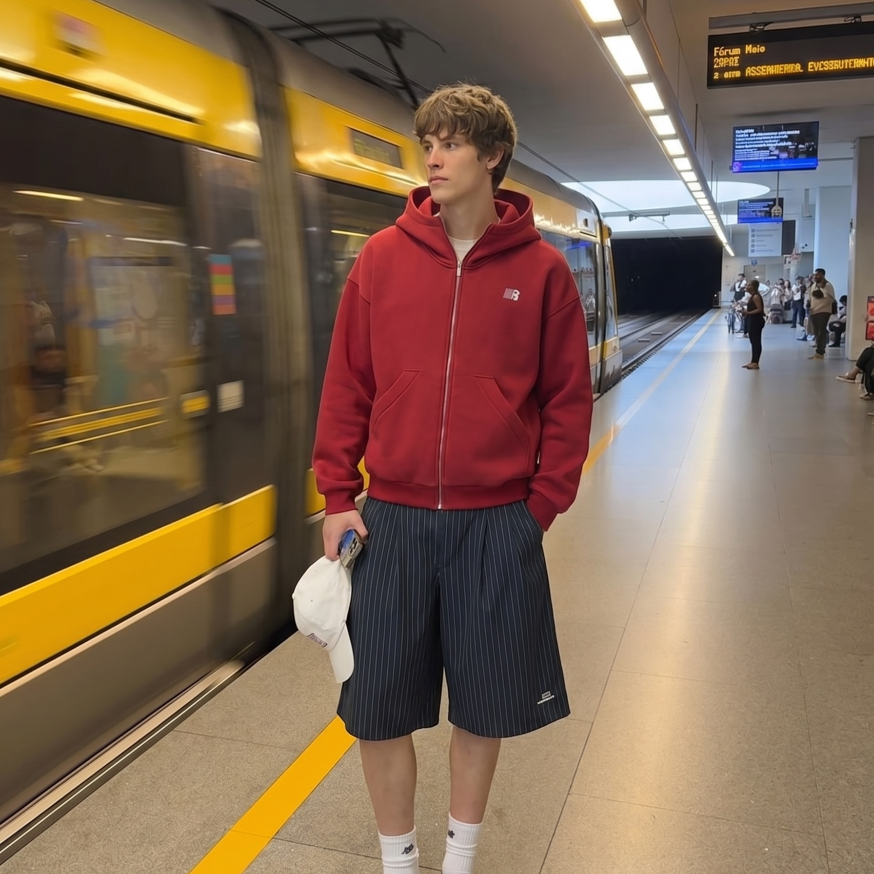 A person wearing a red oversized hoodie and black shorts standing in a subway or train station hallway.