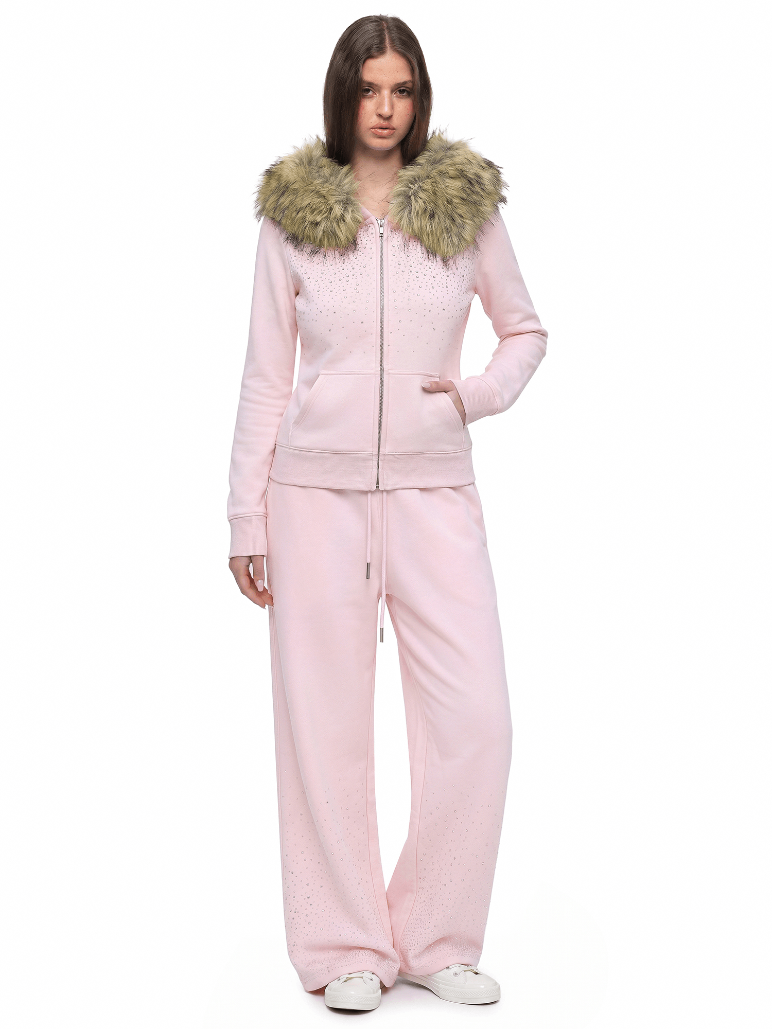 Rhinestone Faux-Fur Zip Hoodie & Sweatpants - Fabric Texture & Stitching Detail - Y2K Streetwear | FDR Studios