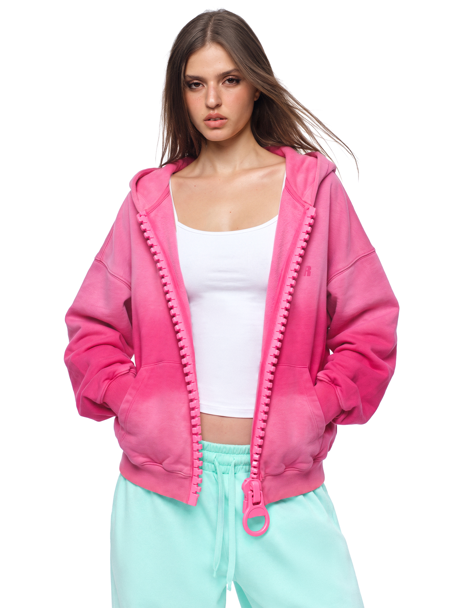 Washed O Ring Zip Hoodie in Rose (Side Angle & Oversized Silhouette Perspective) - FDR Zip Up Oversized Hoodie - Premium Heavyweight Fleece Sweatshirt | FDR Studios