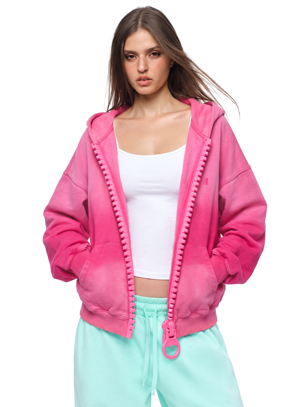 Washed O Ring Zip Hoodie in Rose (Side Angle & Oversized Silhouette Perspective) - FDR Zip Up Oversized Hoodie - Premium Heavyweight Fleece Sweatshirt | FDR Studios