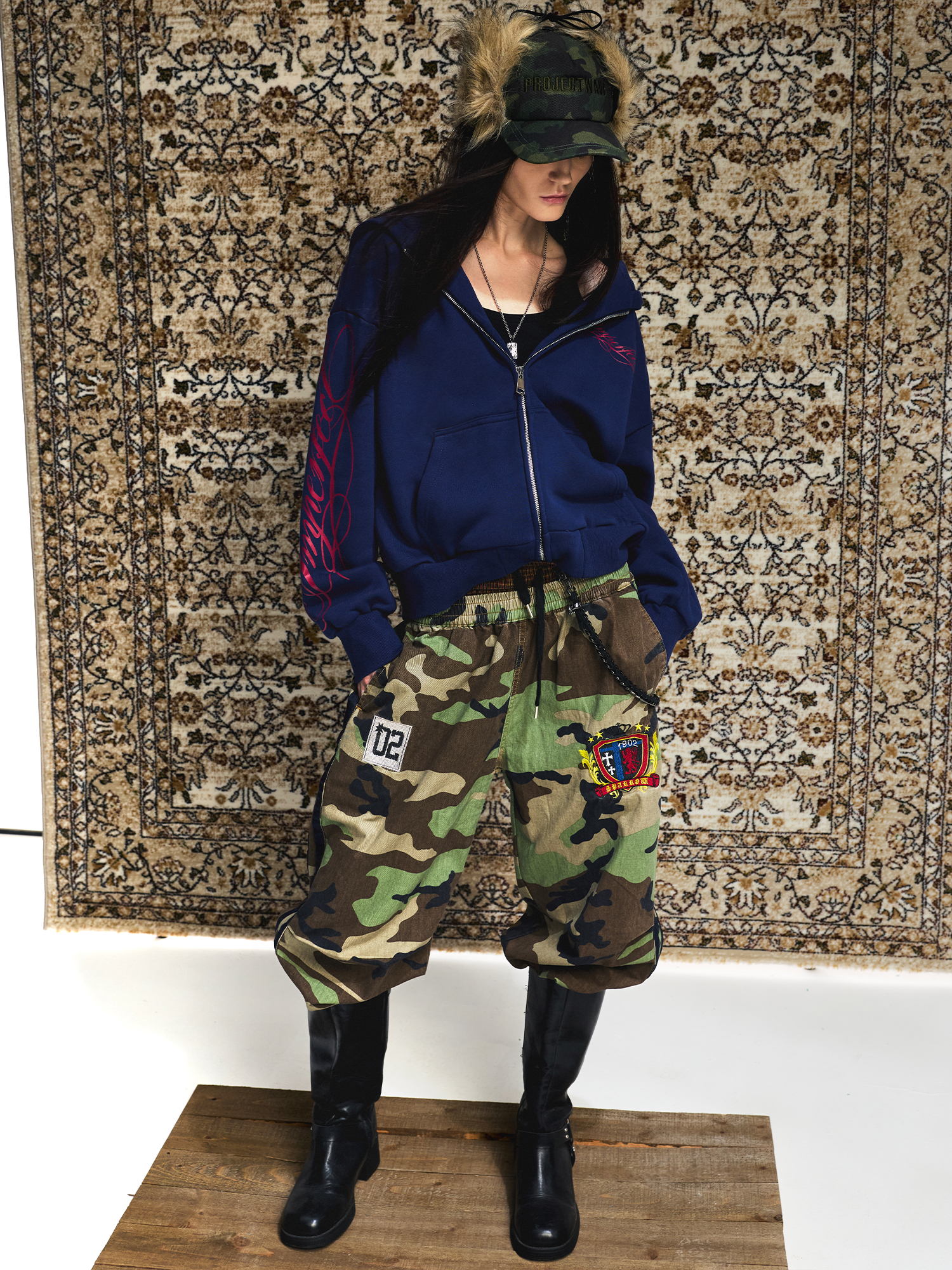 Contrast Script Zip Hoodie