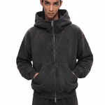 FDR Studios acid wash dark grey double-zip hoodie with heavy distressed finish