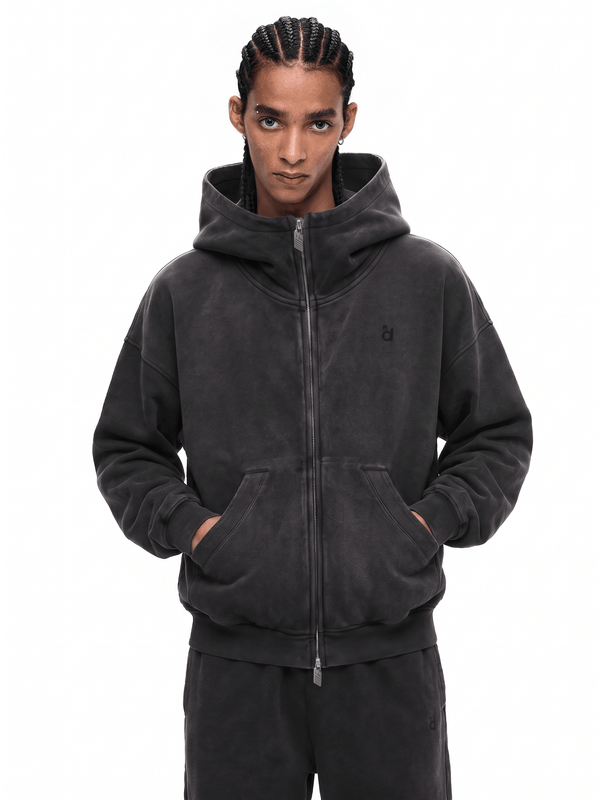 FDR Studios acid wash dark grey double-zip hoodie with heavy distressed finish