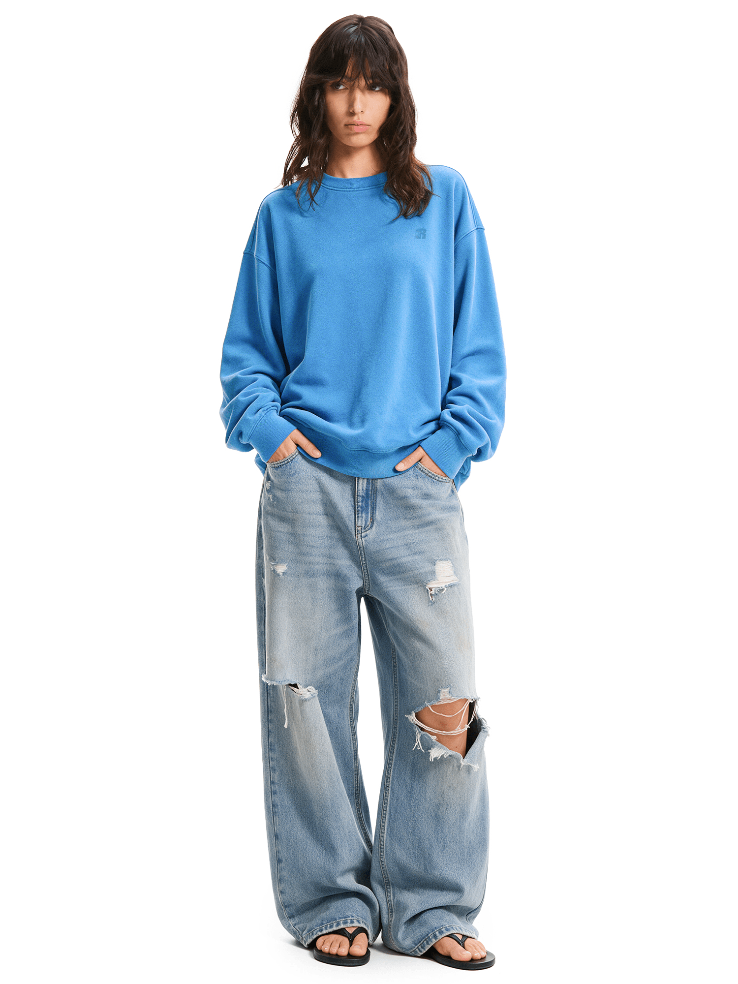 Front view of model wearing Acid Wash Relaxed Sweatshirt in Lake Blue - FDR