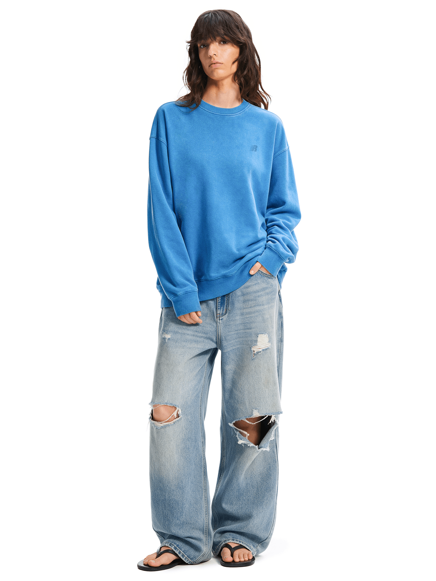 Back view of model wearing Acid Wash Relaxed Sweatshirt in Lake Blue - FDR