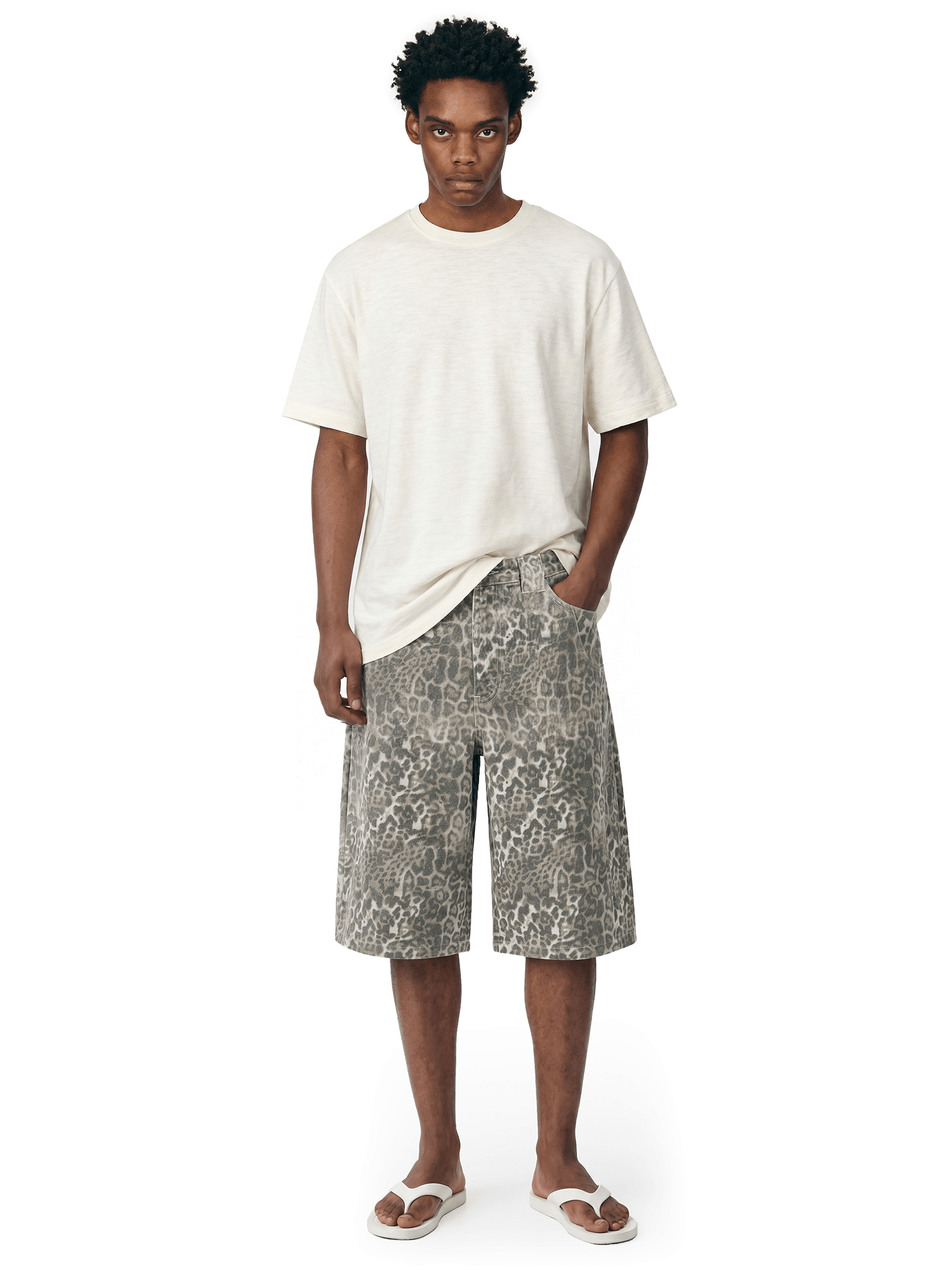 Baggy Leopard Print Jorts - Side Angle & Silhouette Detail - Oversized Baggy Fit | FDR Studios