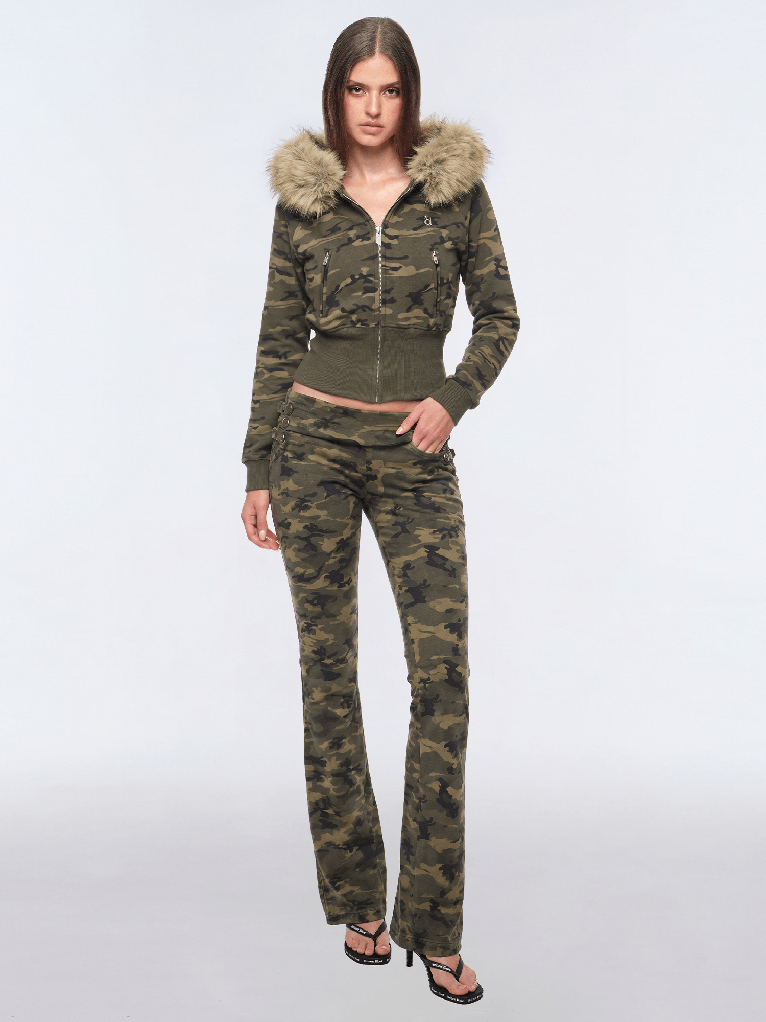 Camo Fur Crop Bomber - Front View - Y2K Streetwear | Vintage Washed Style | FDR Studios