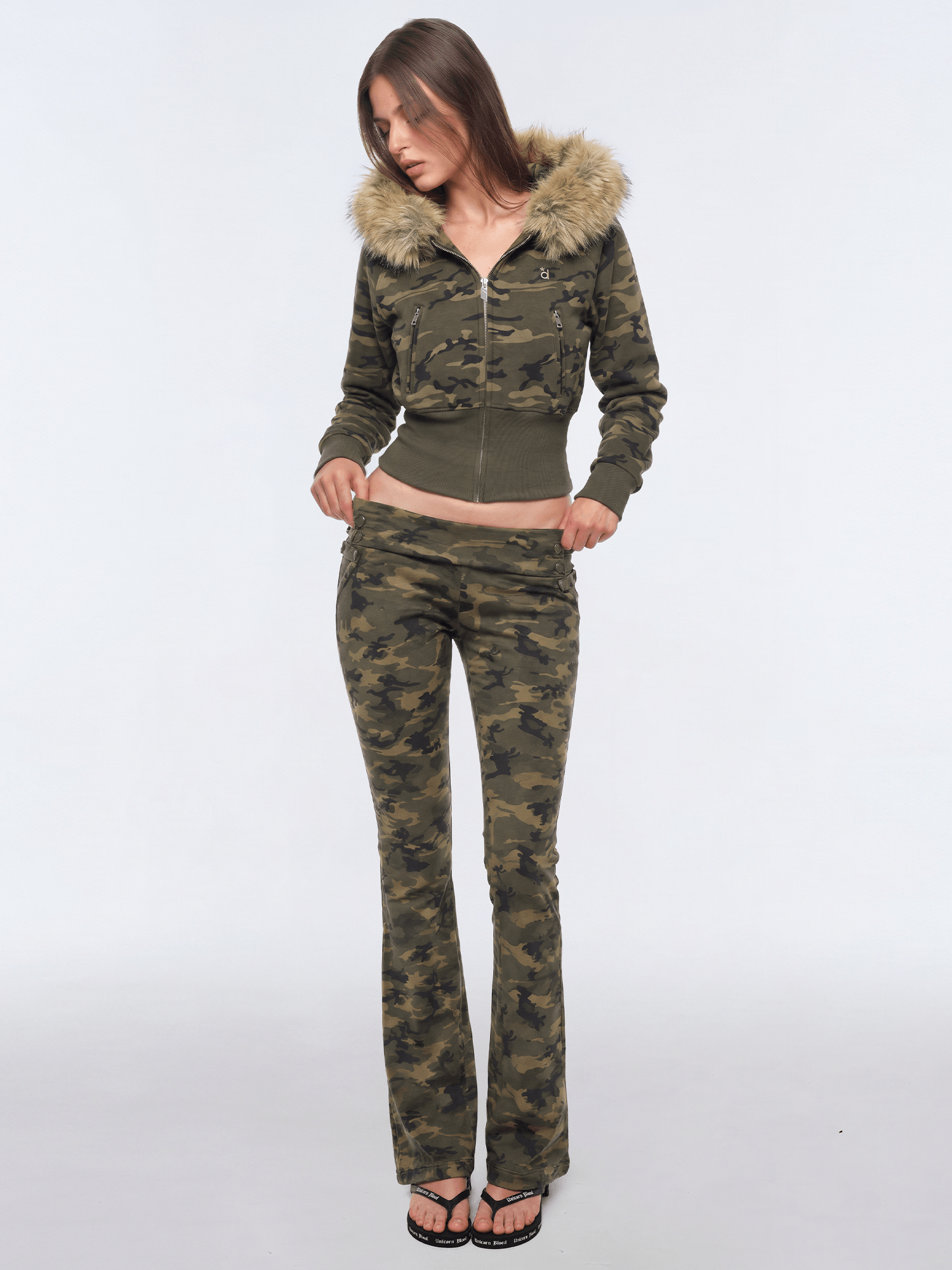 Camo Fur Crop Bomber - Fabric Texture & Stitching Detail - Y2K Streetwear | Vintage Washed Style | FDR Studios