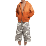 Camo Denim Jorts in Camo (Side Angle & Oversized Silhouette Perspective) - FDR Baggy Oversized Sweatpants - Relaxed Fit Streetwear Tracksuit Pants | FDR Studios