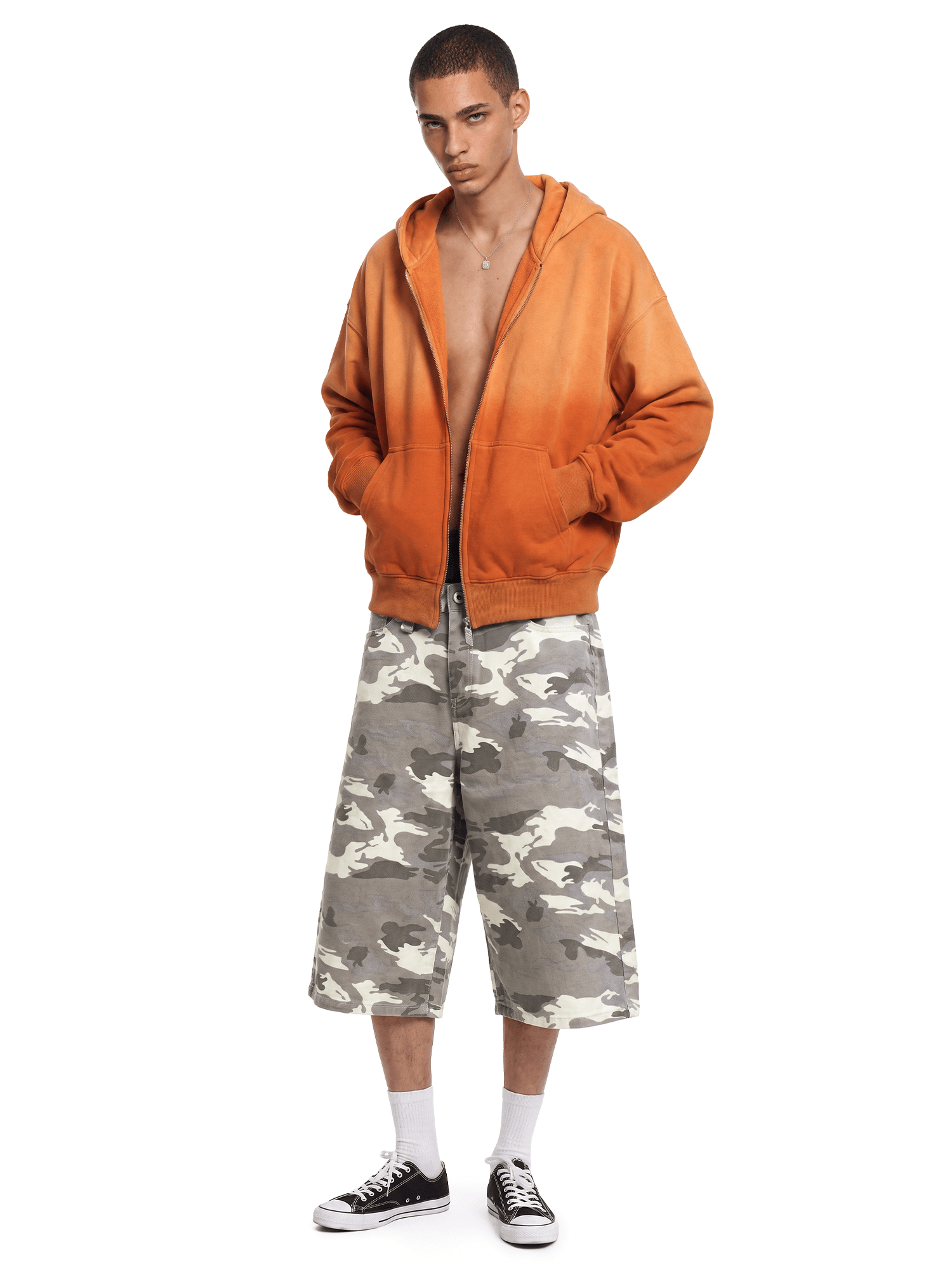 Camo Denim Jorts in Camo (Side Angle & Oversized Silhouette Perspective) - FDR Baggy Oversized Sweatpants - Relaxed Fit Streetwear Tracksuit Pants | FDR Studios