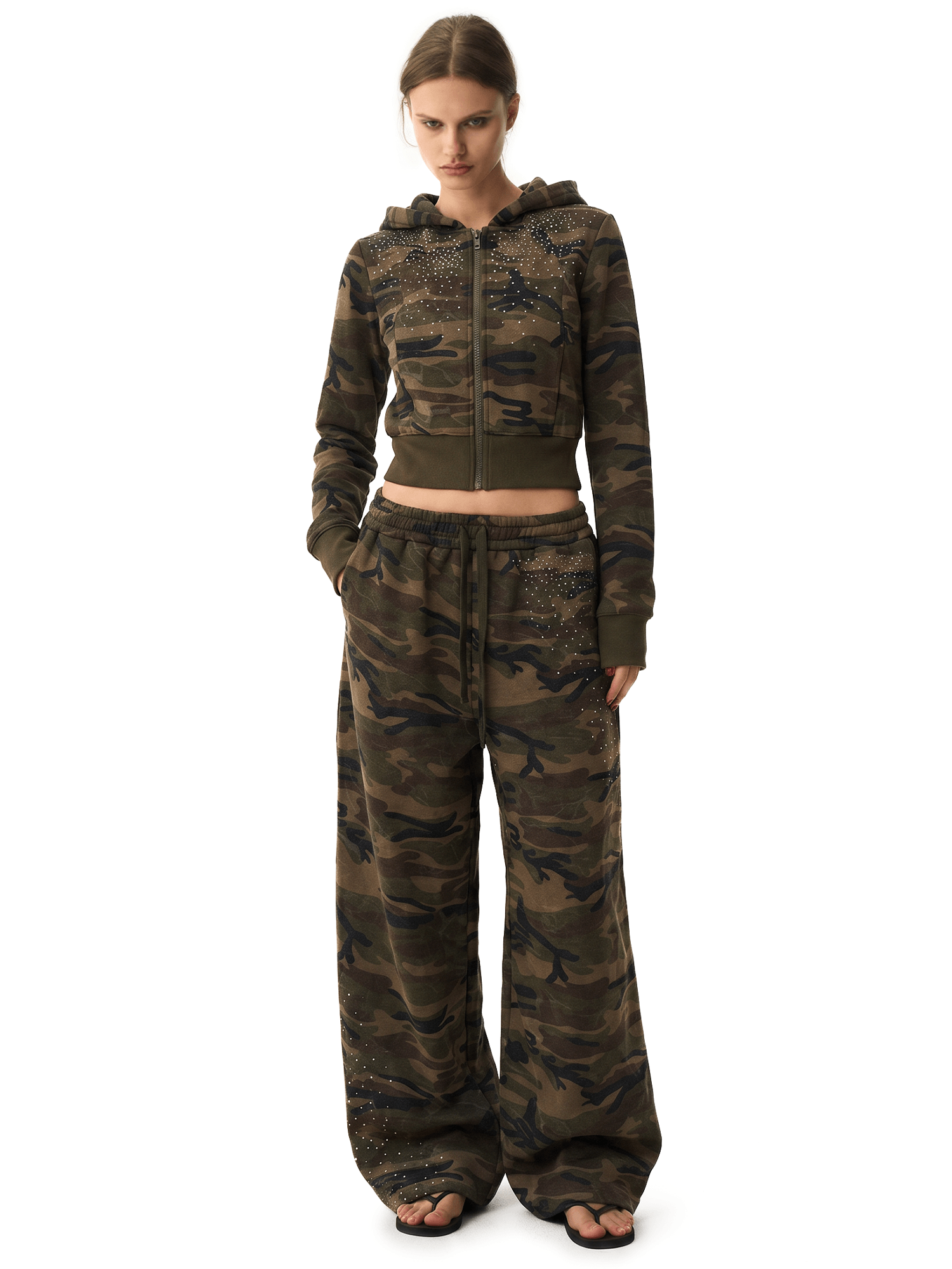 Camo Rhinestone Cropped Hoodie - Fabric Texture & Stitching Detail - Streetwear Aesthetic | FDR Studios