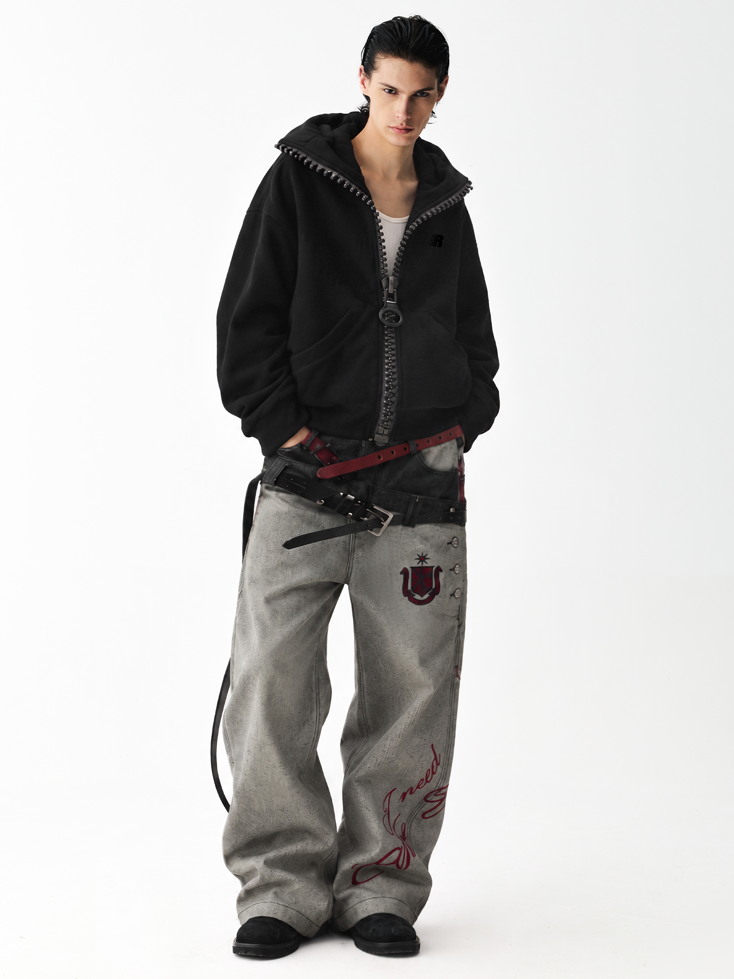 Chunky Zip High Neck Hoodie in Rose-Red (Side Angle & Oversized Silhouette Perspective) - FDR Zip Up Oversized Hoodie - Premium Heavyweight Fleece Sweatshirt | FDR Studios