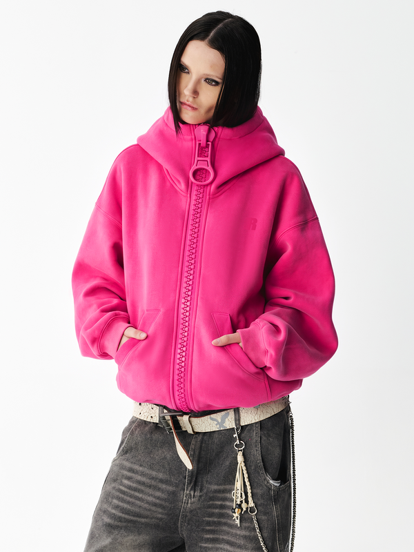 Chunky Zip High Neck Hoodie in Rose-Red (Back Profile & Fit Detail) - FDR Zip Up Oversized Hoodie - Premium Heavyweight Fleece Sweatshirt | FDR Studios