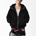 Chunky Zip High Neck Hoodie in Black (Full Body Outfit & Model Styling View) - FDR Zip Up Oversized Hoodie - Premium Heavyweight Fleece Sweatshirt | FDR Studios