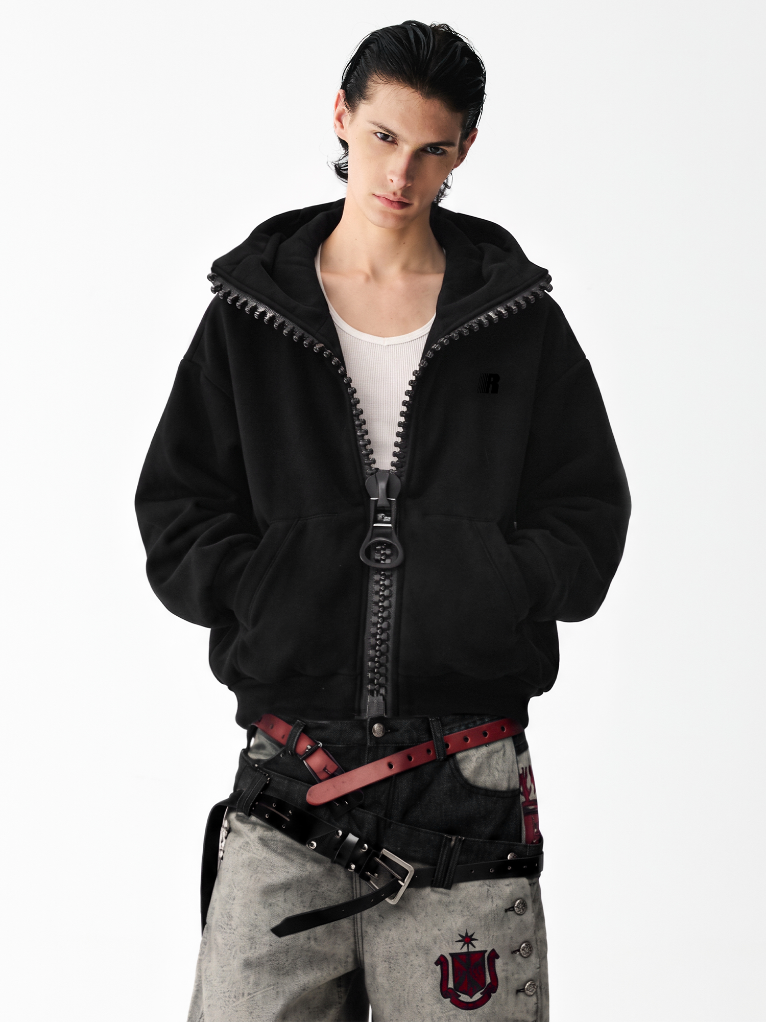 Chunky Zip High Neck Hoodie in Black (Full Body Outfit & Model Styling View) - FDR Zip Up Oversized Hoodie - Premium Heavyweight Fleece Sweatshirt | FDR Studios