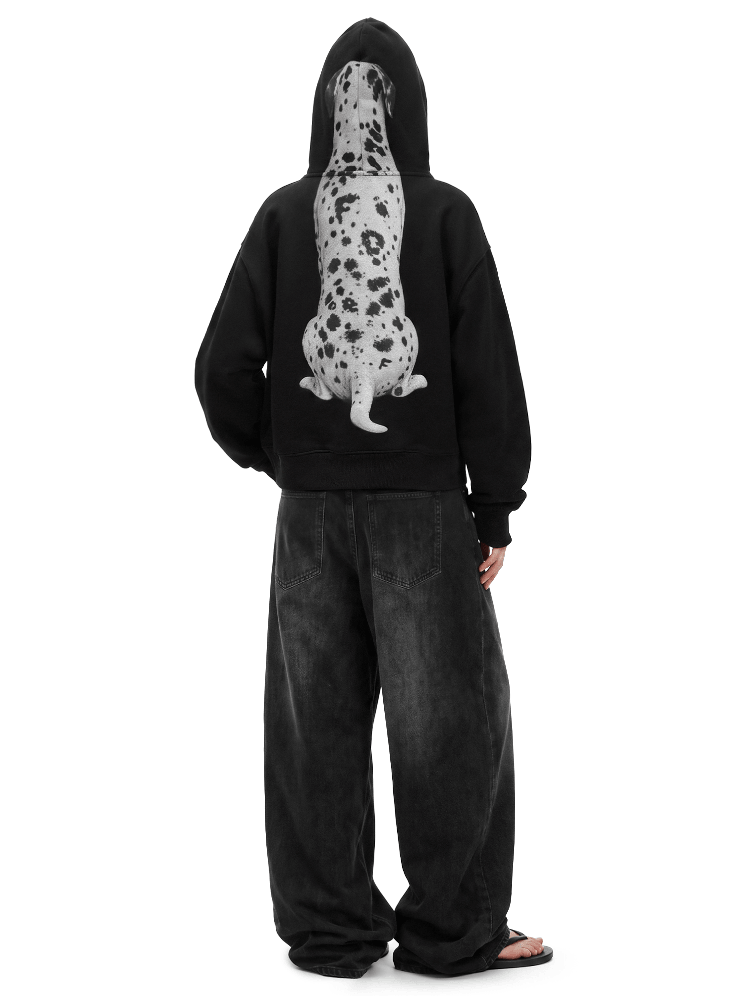 Front view of model wearing Cloud Dalmatian Big Hood Zip-Up in Black - FDR