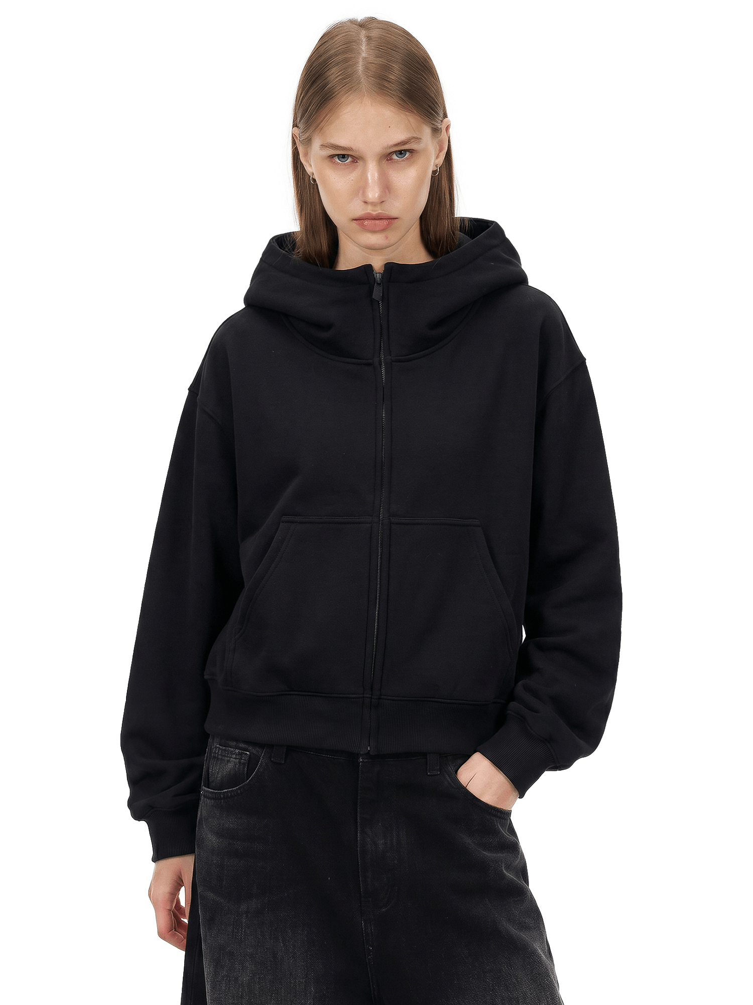 Cloud Dalmatian Big Hood Zip-Up - Side Angle & Silhouette Detail - Streetwear Aesthetic | FDR Studios