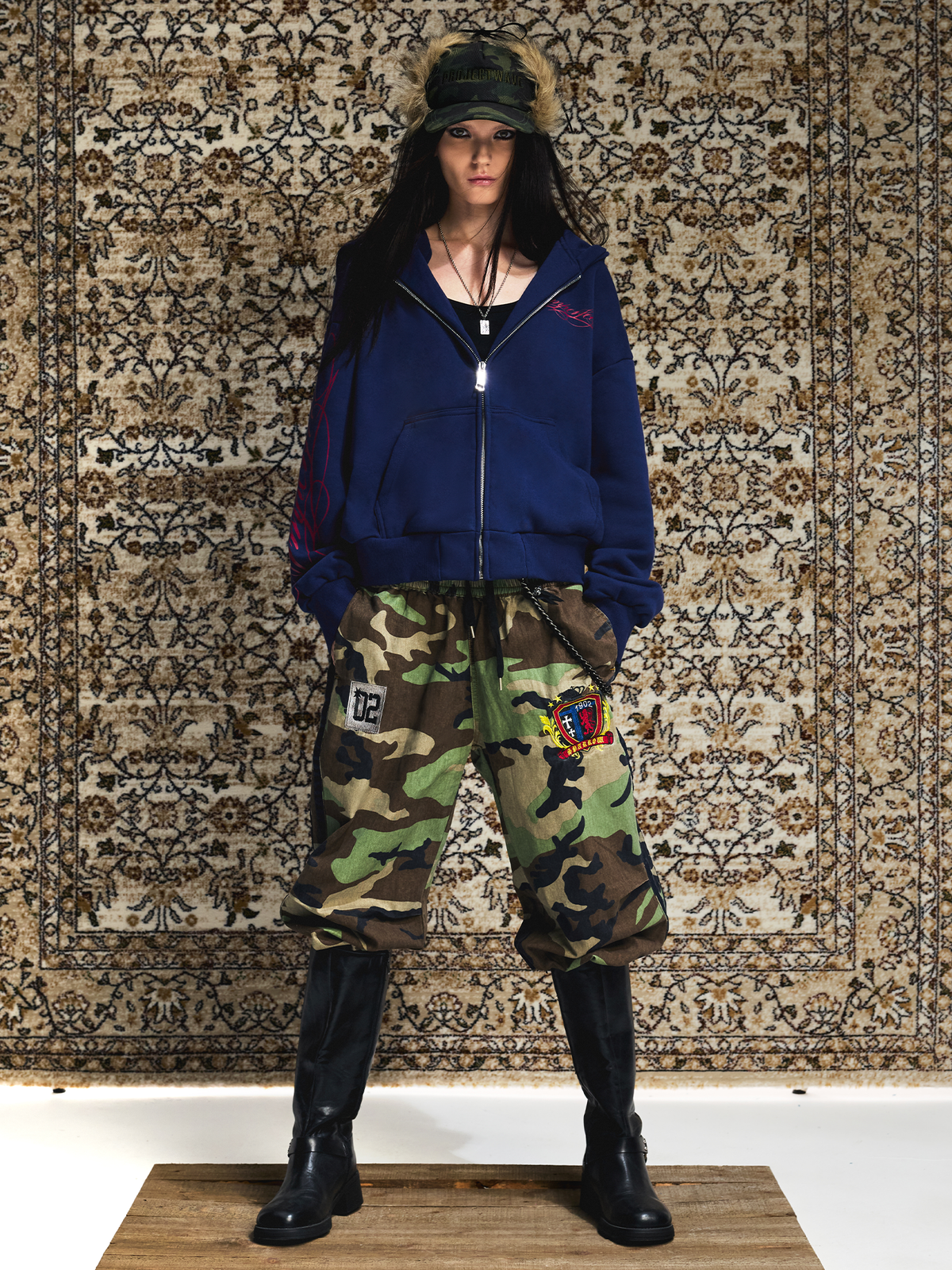 Contrast Script Zip Hoodie