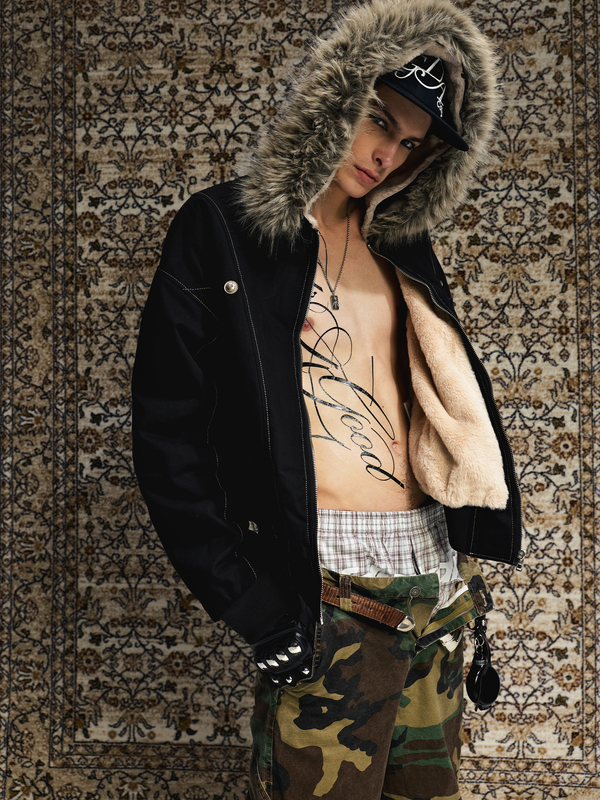 Cropped Shearling Puffer Jacket in Black (Fabric Texture & Close-Up Stitching Detail) - FDR Heavyweight Streetwear Outerwear Jacket - Premium Archive Fashion | FDR Studios