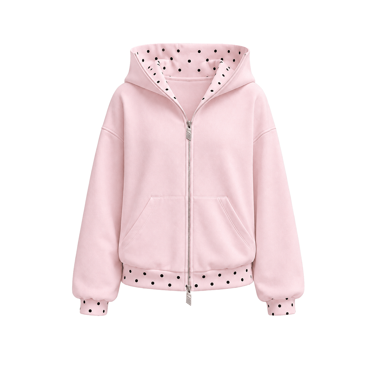 A light pink zip-up hoodie with black polka dots on the hood lining, hem, and cuffs, shown against a plain white background.