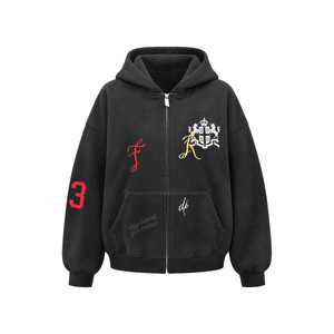 Distressed Embroidered Zip Hoodie