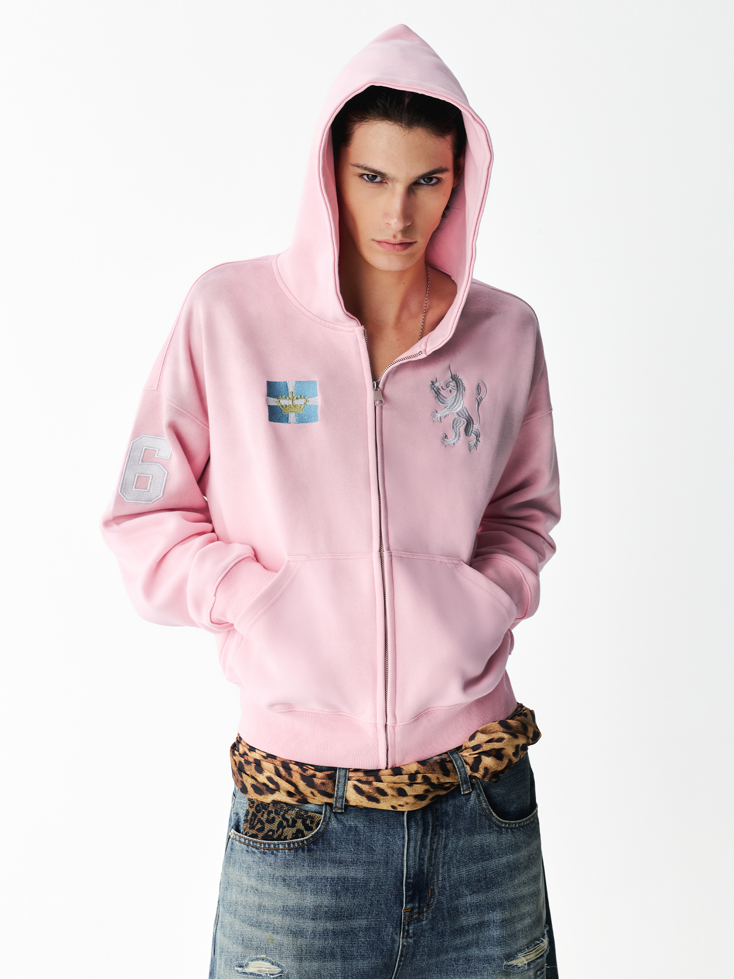 Distressed Patched Zip Hoodie