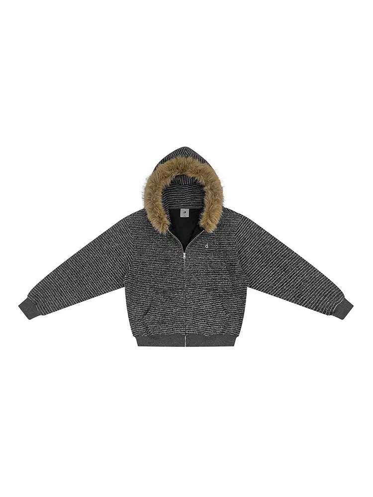 Flat lay of dark grey striped faux fur zip-up hoodie with oversized fur-lined hood.