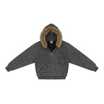 Flat lay of dark grey striped faux fur zip-up hoodie with oversized fur-lined hood.