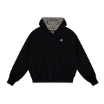 Flat lay of black zip-up hoodie with leopard print lined hood and cat ears on white background.