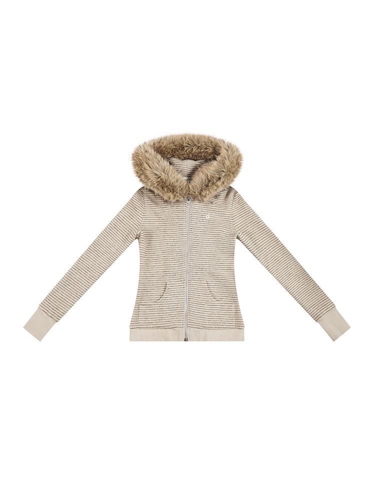 A front view of a model wearing a closed black ribbed-knit jacket with a large brown faux fur-trimmed hood, showcasing the style in a different color.