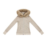 A front view of a model wearing a closed black ribbed-knit jacket with a large brown faux fur-trimmed hood, showcasing the style in a different color.