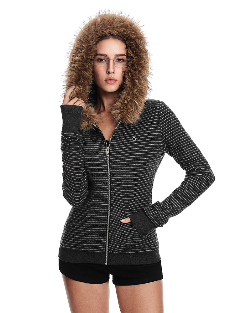 A simple flat-lay product shot of the black ribbed-knit hooded jacket with its distinctive brown faux fur trim.