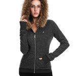 A simple flat-lay product shot of the black ribbed-knit hooded jacket with its distinctive brown faux fur trim.