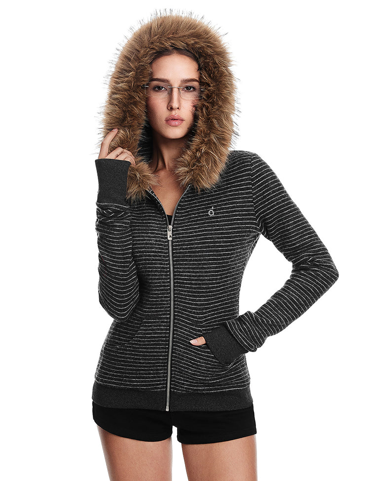 A simple flat-lay product shot of the black ribbed-knit hooded jacket with its distinctive brown faux fur trim.