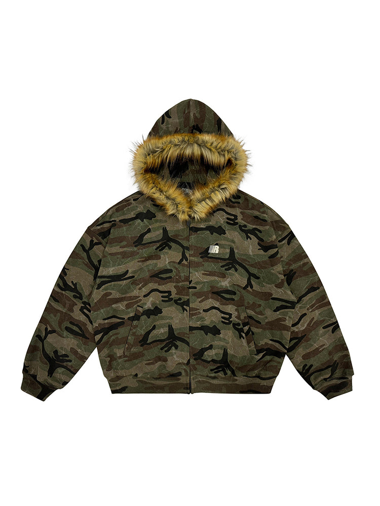 Flat lay of camouflage faux fur hooded jacket on white background, highlighting print and hardware