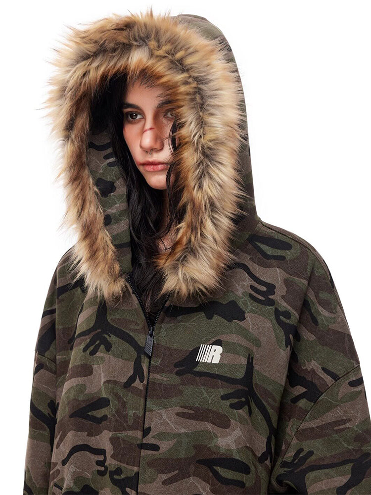 Close-up of camo jacket with fluffy brown faux fur hood, focusing on high-quality fabric texture.