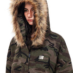 Close-up of camo jacket with fluffy brown faux fur hood, focusing on high-quality fabric texture.