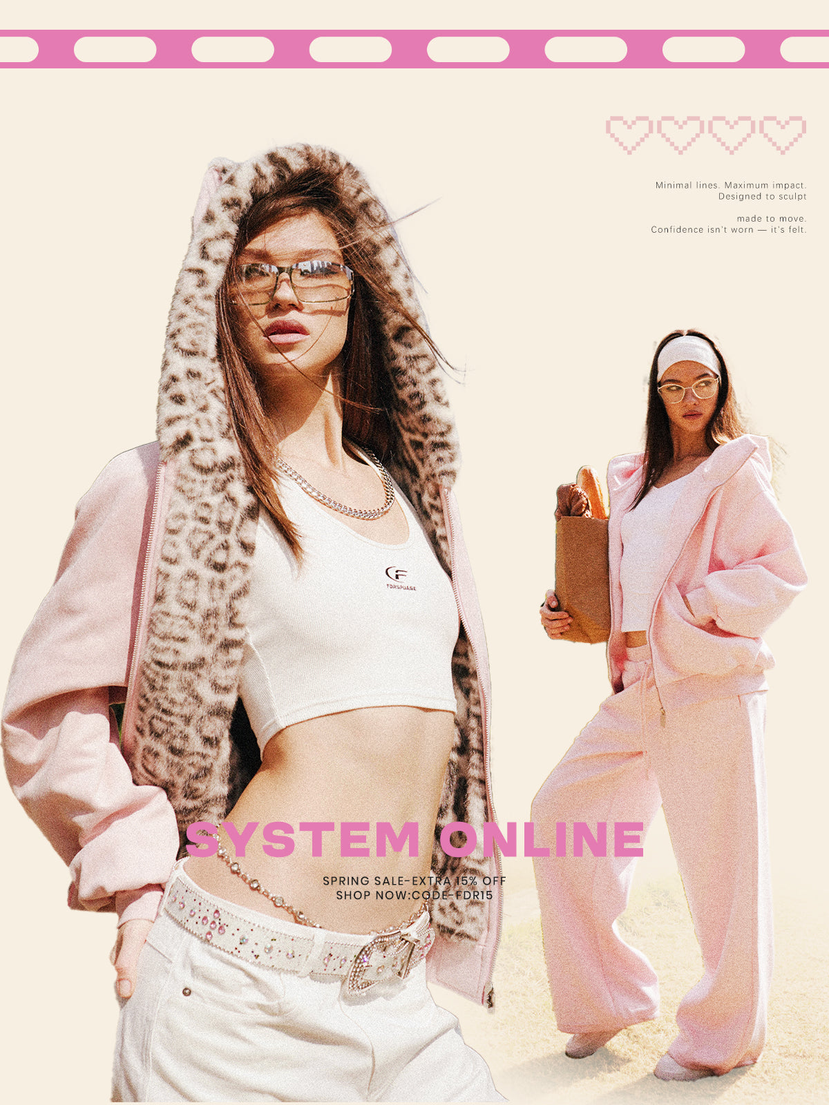 FDR Studios oversized pink zip-up hoodie with leopard print faux fur lining, Cyber Y2K high-street fashion style, Spring Sale promotion.