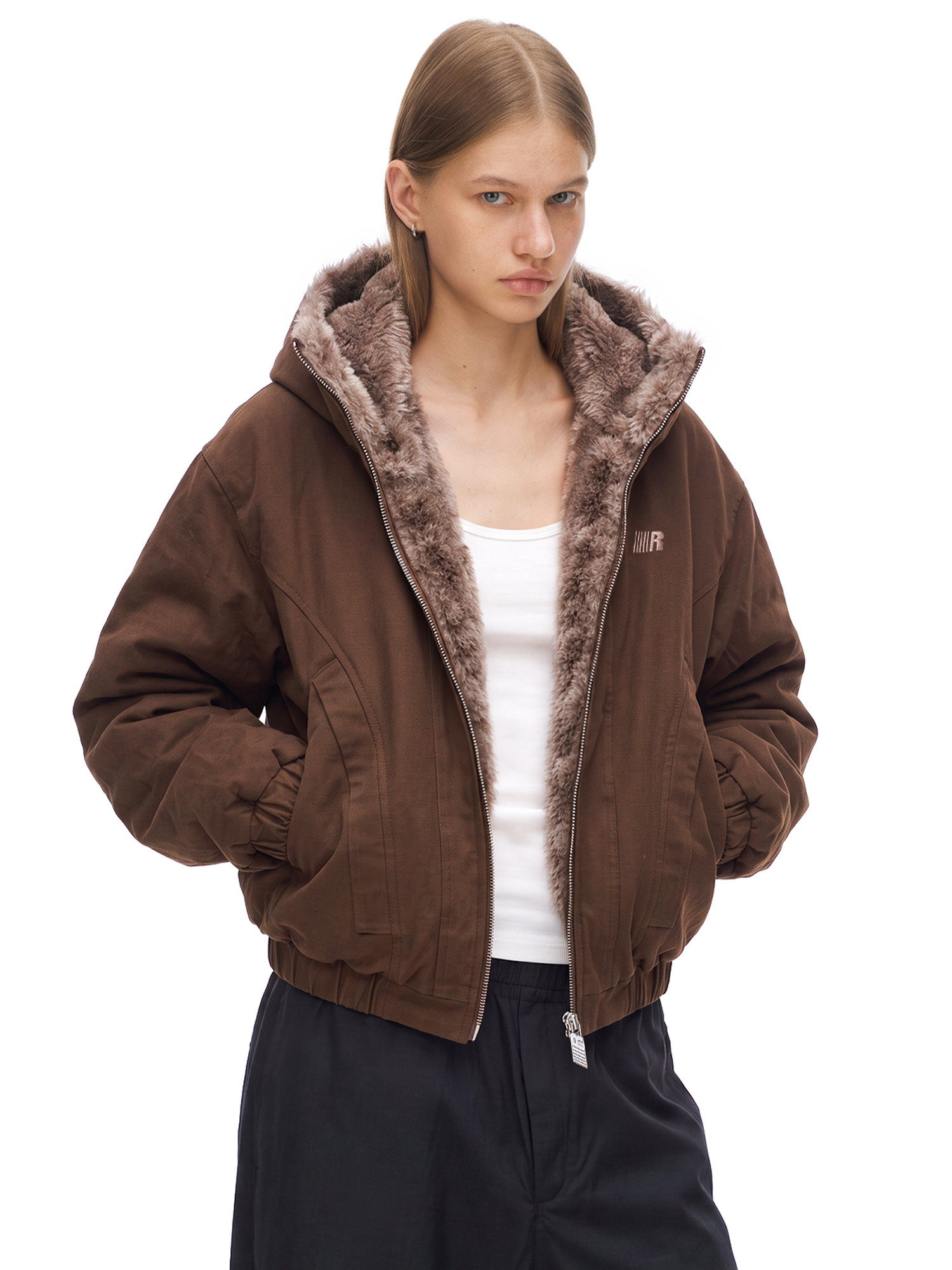 Fur Lined Hooded Bomber in Brown (Back Profile & Fit Detail) - FDR Oversized Heavyweight Hoodie - Official Streetwear Sweatshirt | FDR Studios