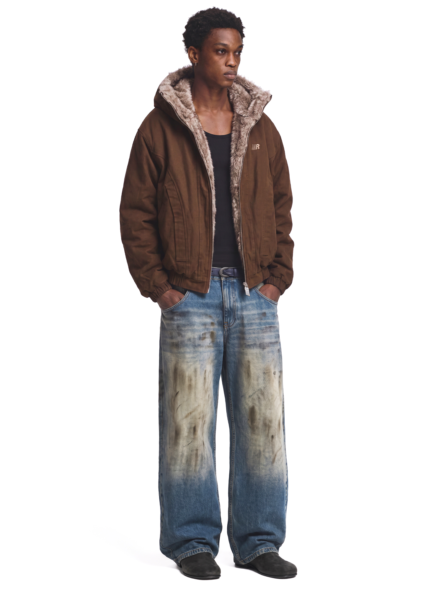 Fur Lined Hooded Bomber in Brown (Side Angle & Oversized Silhouette Perspective) - FDR Oversized Heavyweight Hoodie - Official Streetwear Sweatshirt | FDR Studios