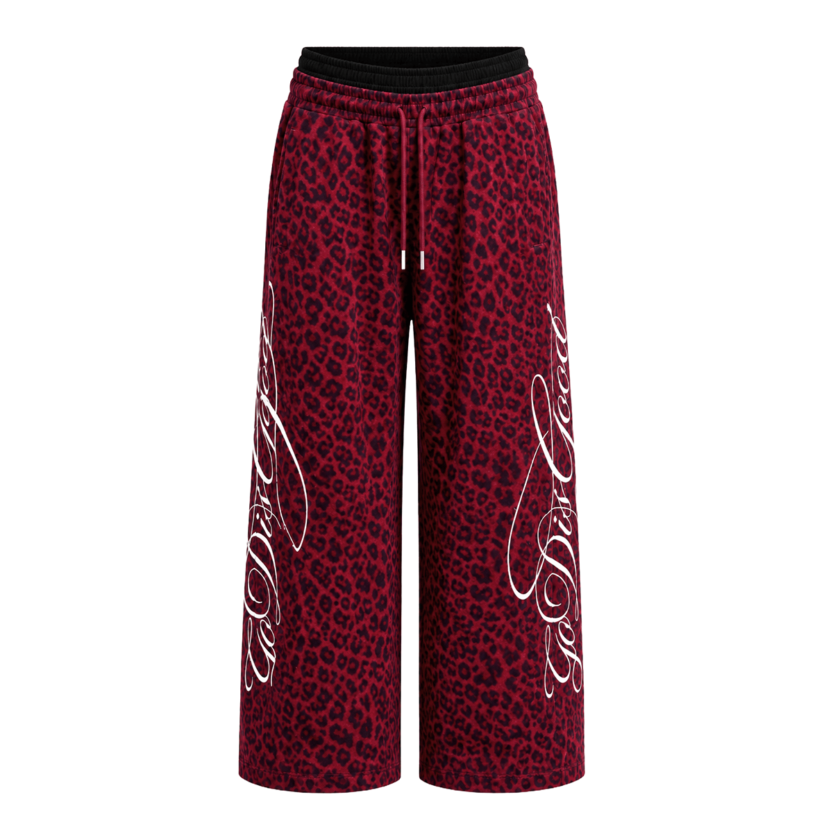 Side angle perspective of Graffiti Leopard Baggy Sweatpants in Red - FDR