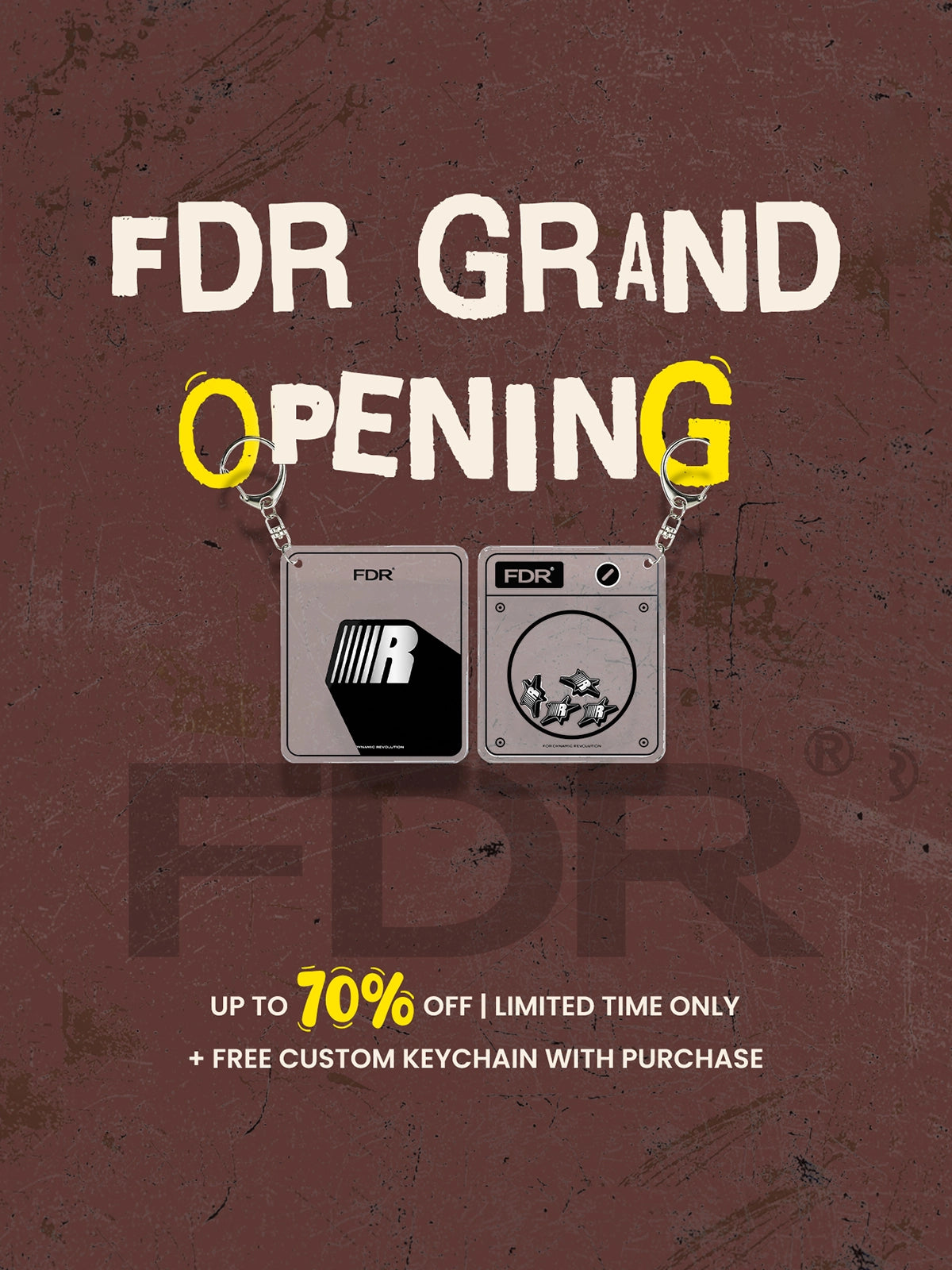 FDR Studios Grand Opening event announcement banner with brand logo