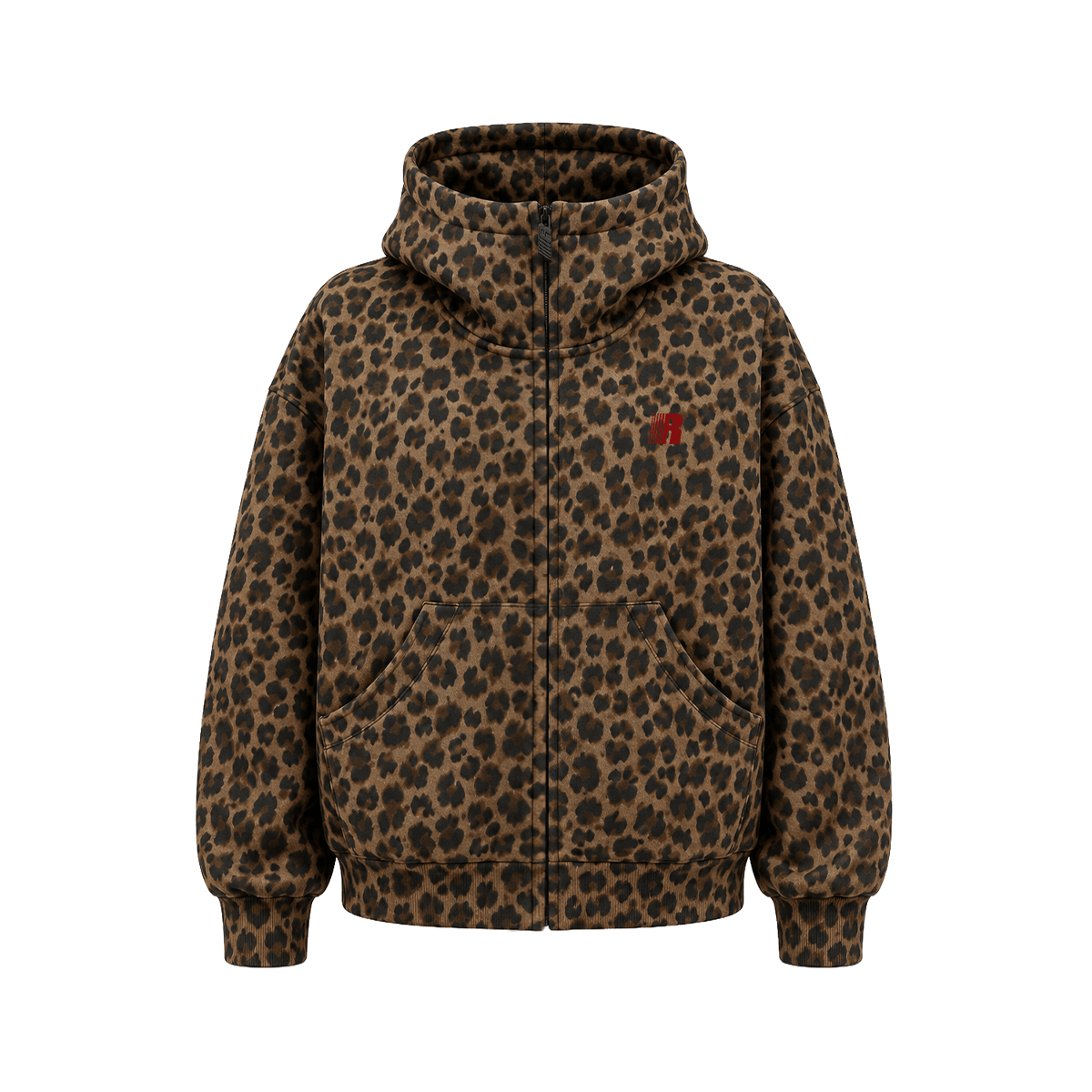 High-Neck Leopard Fleece Hoodie