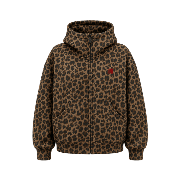High-Neck Leopard Fleece Hoodie
