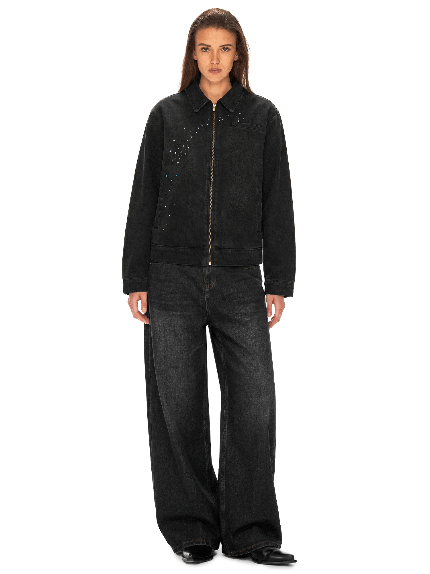 Distressed Rhinestone Denim Jacket - Side Angle & Silhouette Detail - Vintage Washed Style | FDR Studios