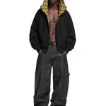 Houndstooth Placket Zip Hoodie in Black (Side Angle & Oversized Silhouette Perspective) - FDR Zip Up Oversized Hoodie - Premium Heavyweight Fleece Sweatshirt | FDR Studios