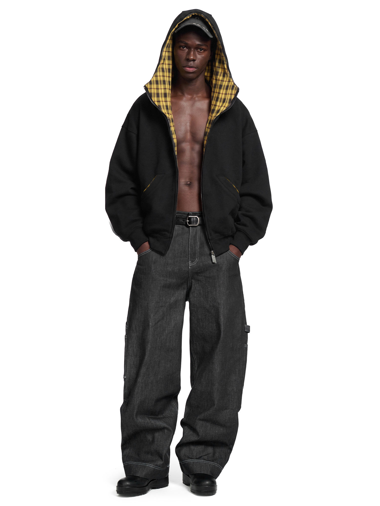 Houndstooth Placket Zip Hoodie in Black (Side Angle & Oversized Silhouette Perspective) - FDR Zip Up Oversized Hoodie - Premium Heavyweight Fleece Sweatshirt | FDR Studios